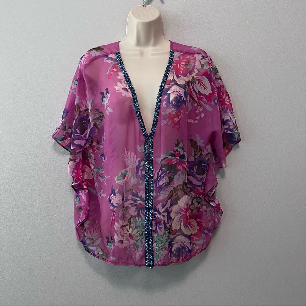 Free People Pink Floral Sheer Embellished Blouse Size L